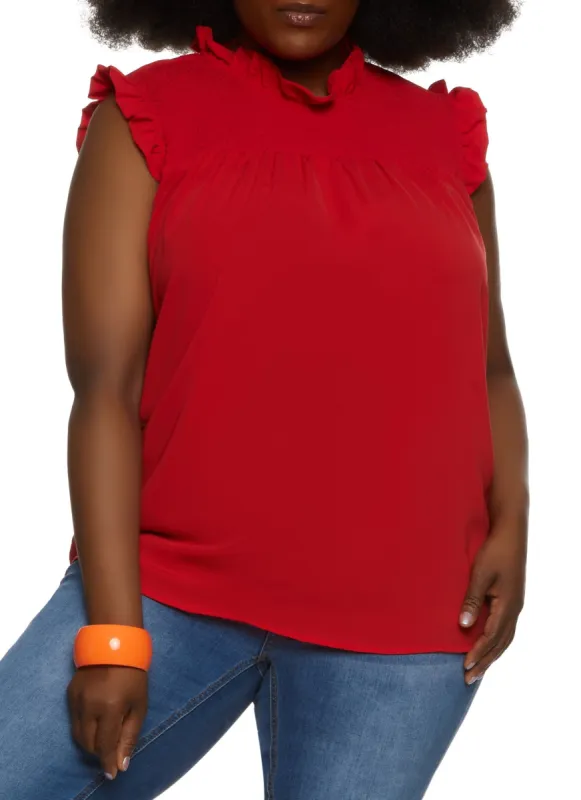 Plus Size Sleeveless Ruffled Smocked Blouse sold by Rainbow