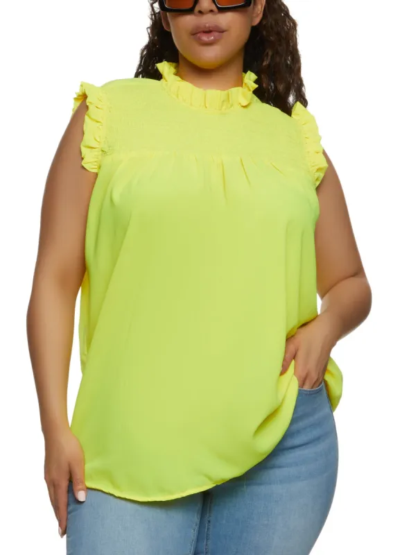 Plus Size Sleeveless Ruffled Smocked Blouse sold by Rainbow