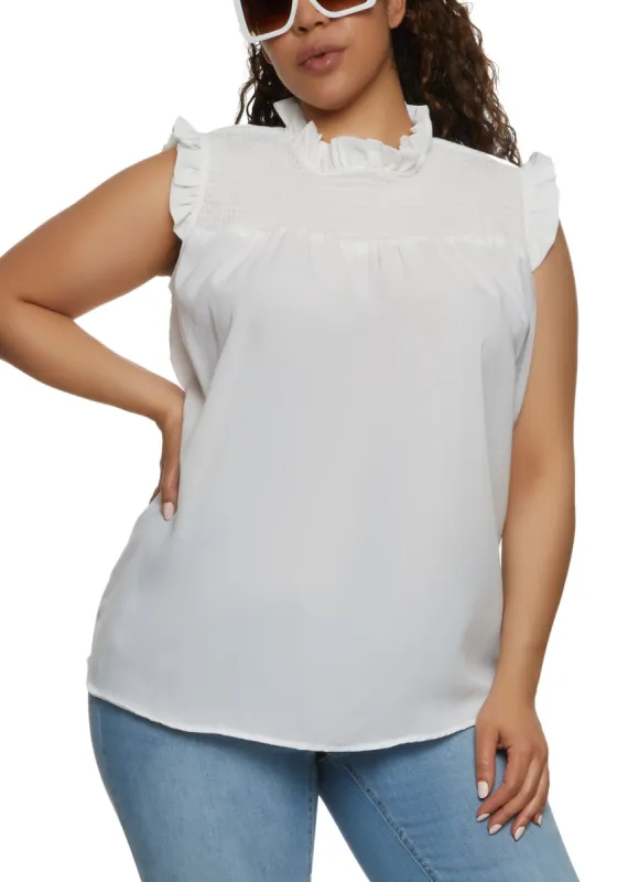 Plus Size Sleeveless Ruffled Smocked Blouse sold by Rainbow
