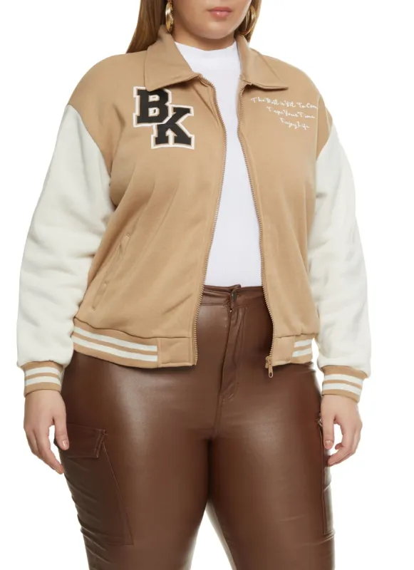Plus Size BK Initial Patch Varsity Jacket sold by Rainbow