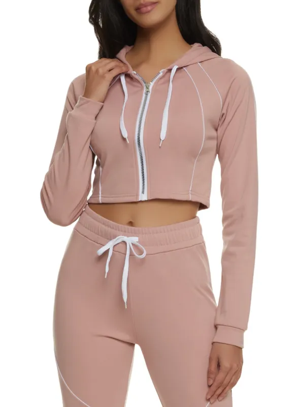 Contrast Piping Cropped Zip Front Hoodie sold by Rainbow