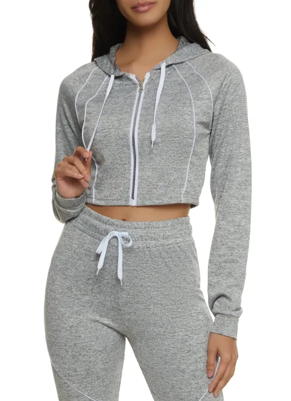 Contrast Piping Cropped Zip Front Hoodie sold by Rainbow
