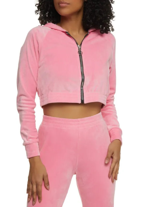 Velour Cropped Zip Front Hoodie sold by Rainbow