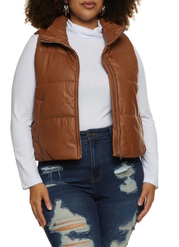 Plus Size Faux Leather Zip Front Puffer Vest sold by Rainbow