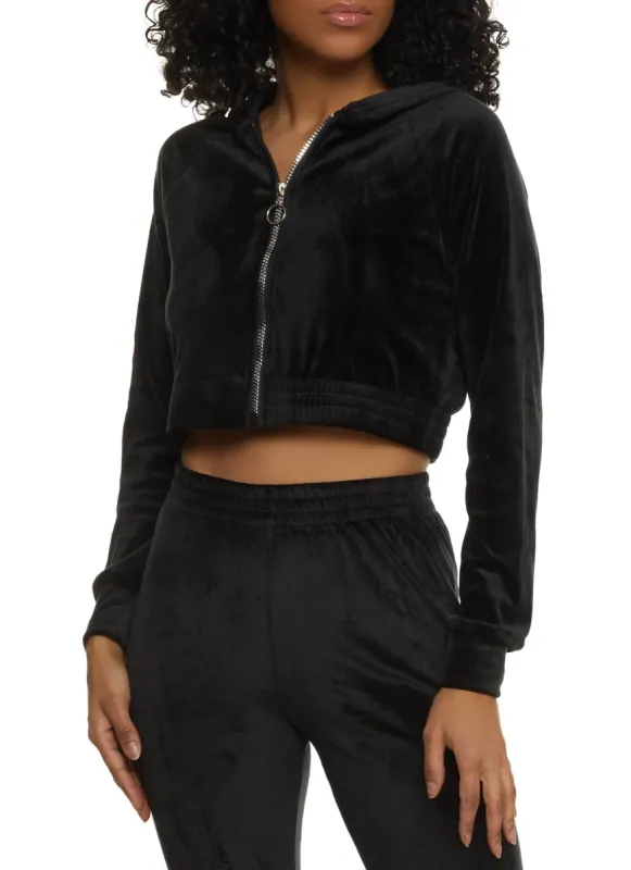Velour Cropped Zip Front Hoodie sold by Rainbow