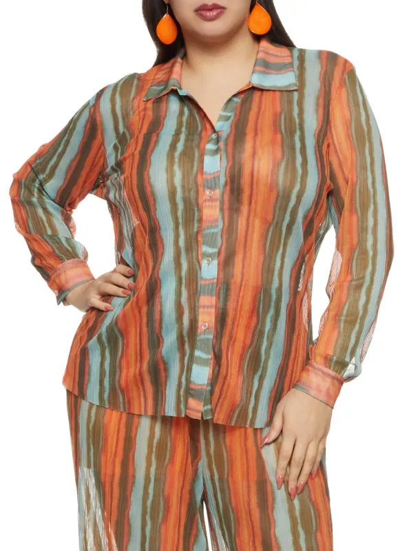 Plus Size Abstract Mesh Button Front Shirt sold by Rainbow