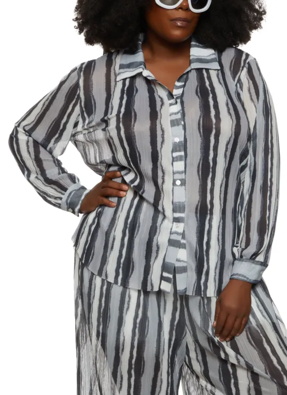 Plus Size Abstract Mesh Button Front Shirt sold by Rainbow