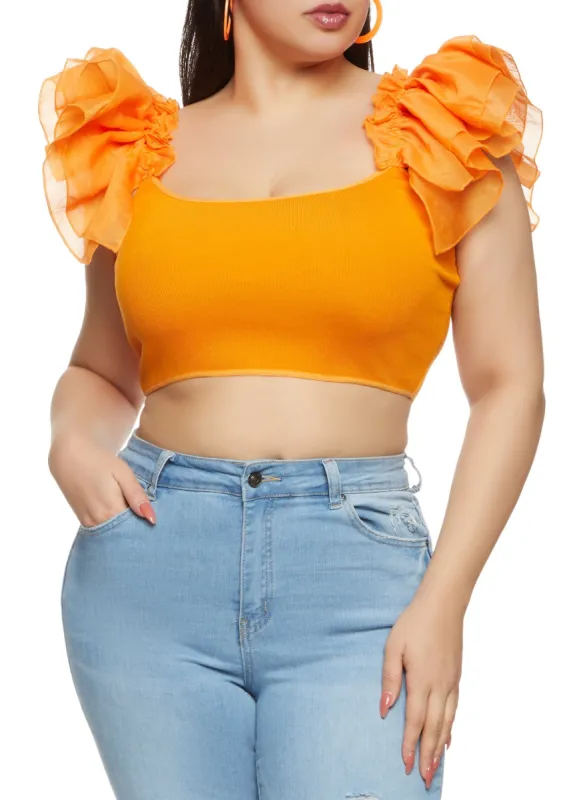 Plus Size Ribbed Flutter Sleeve Crop Top sold by Rainbow