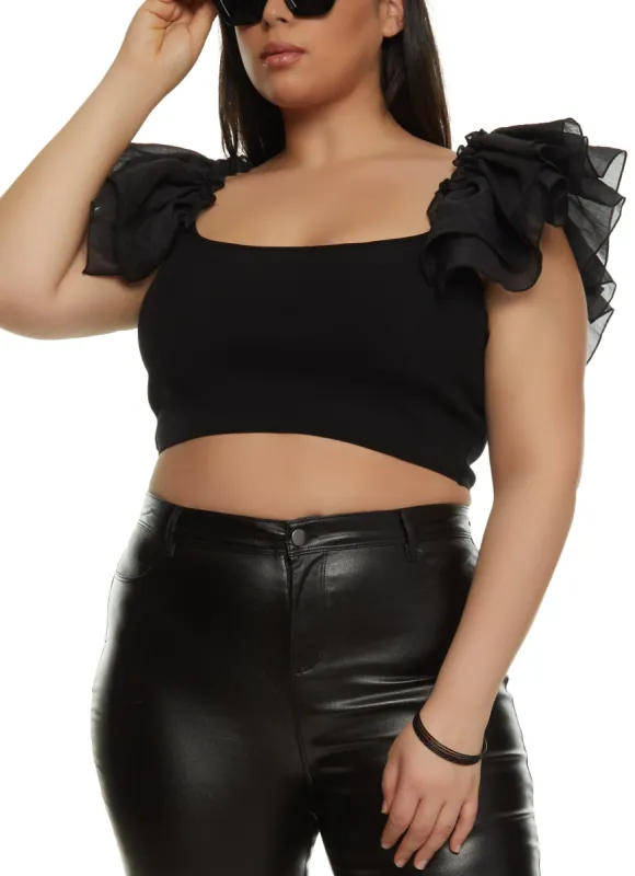 Plus Size Ribbed Flutter Sleeve Crop Top sold by Rainbow