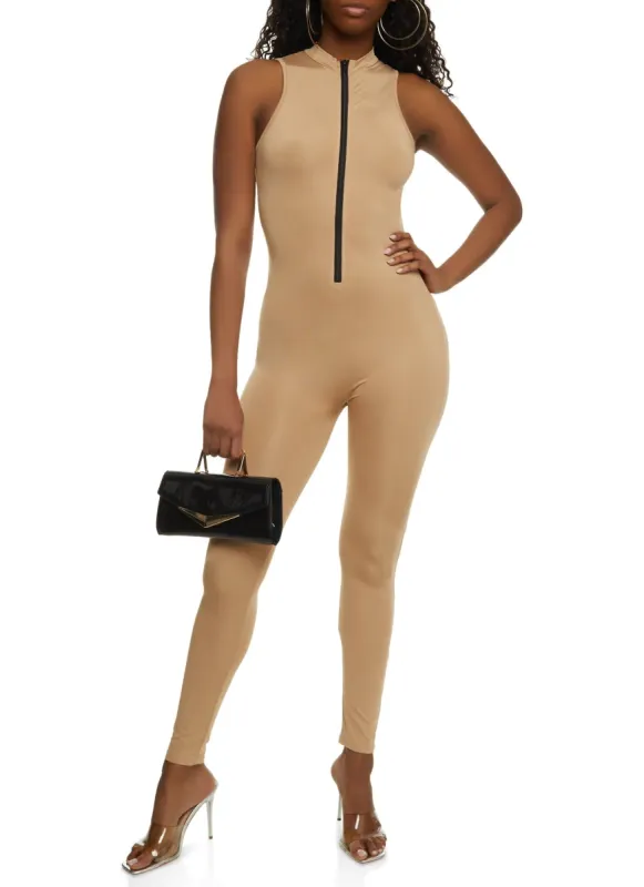 Solid Mock Neck Zip Front Sleeveless Catsuit sold by Rainbow