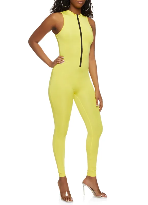 Solid Mock Neck Zip Front Sleeveless Catsuit sold by Rainbow