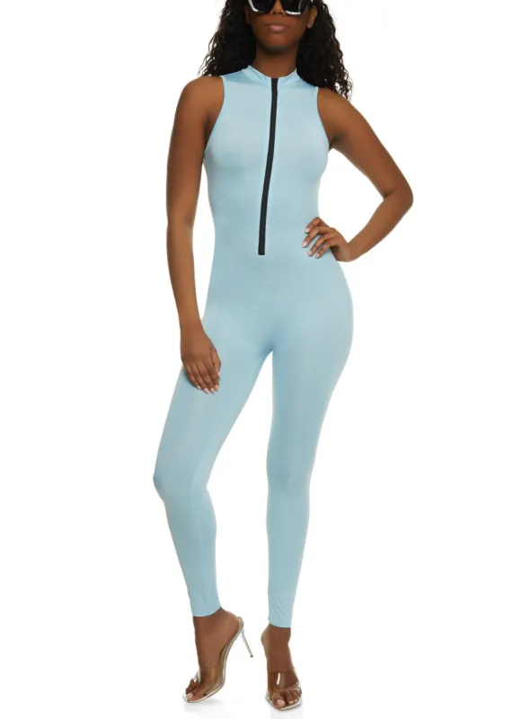 Solid Mock Neck Zip Front Sleeveless Catsuit sold by Rainbow