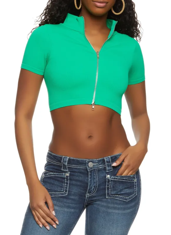 Rib Knit Zip Front Crop Top sold by Rainbow
