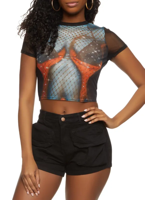 Printed Mesh Crop Top sold by Rainbow