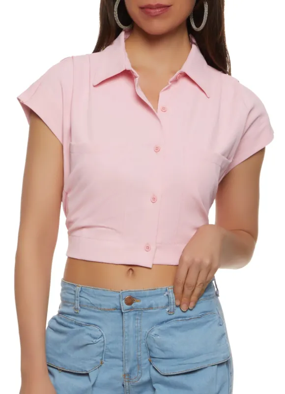 Tie Back Button Front Cropped Shirt sold by Rainbow