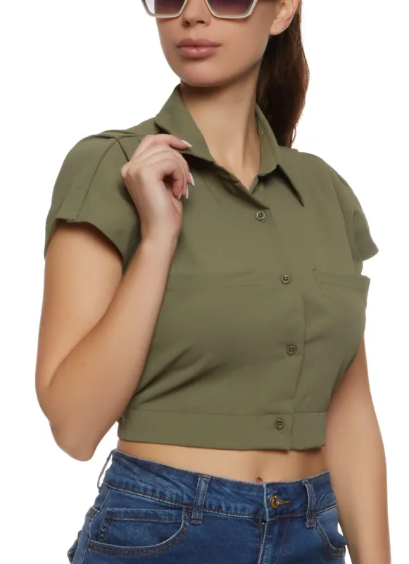 Tie Back Button Front Cropped Shirt sold by Rainbow