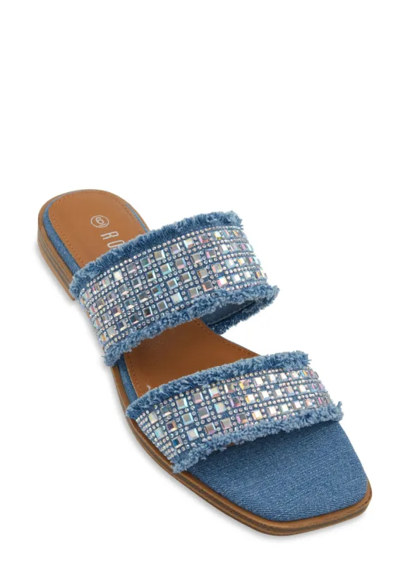 Denim Rhinestone Double Strap Slide Sandals sold by Rainbow