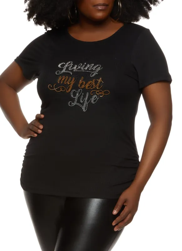 Plus Size Rhinestone Living My Best Life Tee sold by Rainbow