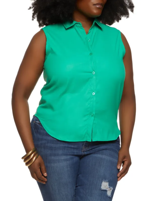 Plus Size Sleeveless Button Down Shirt sold by Rainbow