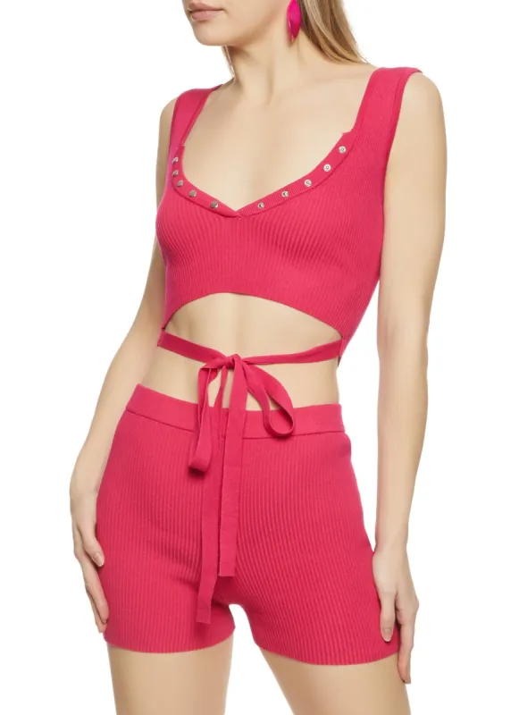 Ribbed Snap Button Detail Tie Front Tank Top sold by Rainbow