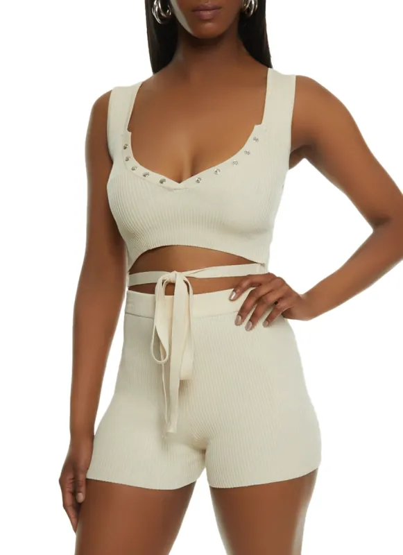 Ribbed Snap Button Detail Tie Front Tank Top sold by Rainbow