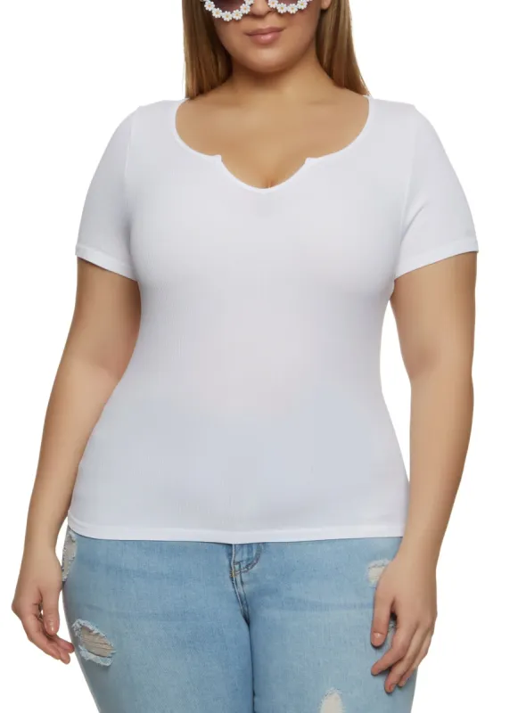 Plus Size Ribbed Knit Notch Neck Basic Tee sold by Rainbow