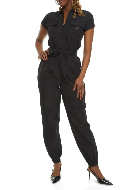 Zip Front Short Sleeve Belted Jumpsuit sold by Rainbow