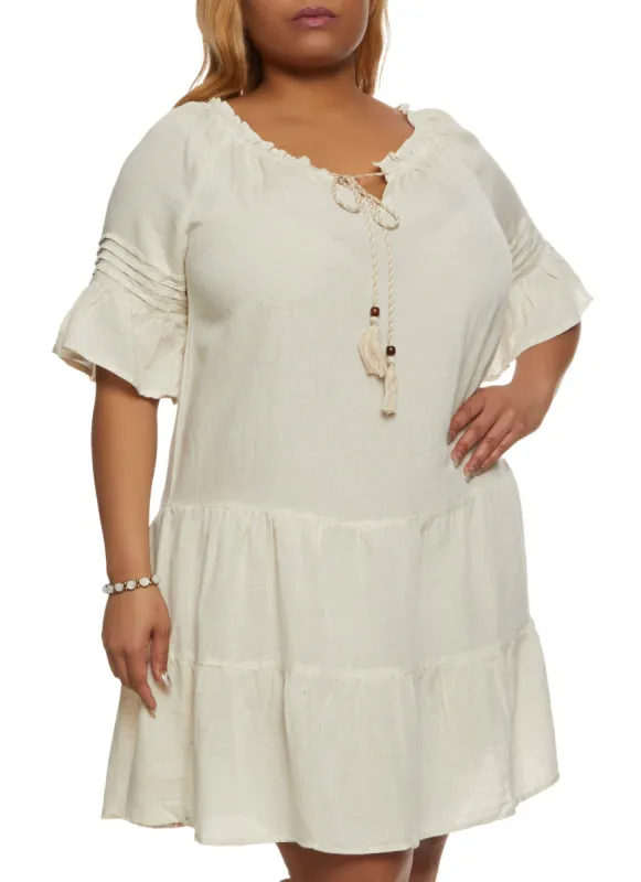 Plus Size Tassel Tie Front Tiered Shift Dress sold by Rainbow