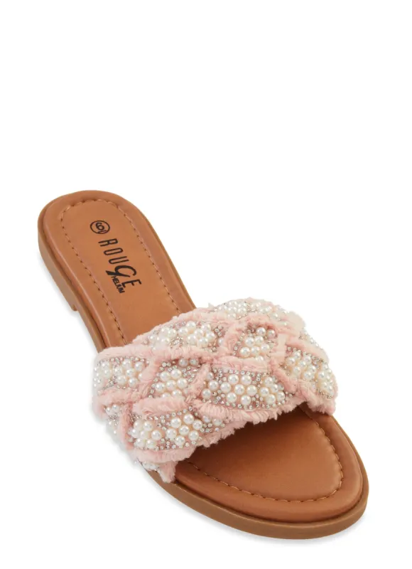Faux Pearl Rhinestone Frayed Band Slide Sandals sold by Rainbow