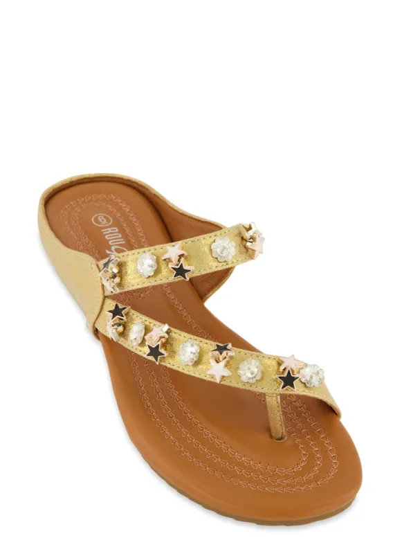 Rhinestone Beaded Asymmetrical Toe Loop Sandals sold by Rainbow