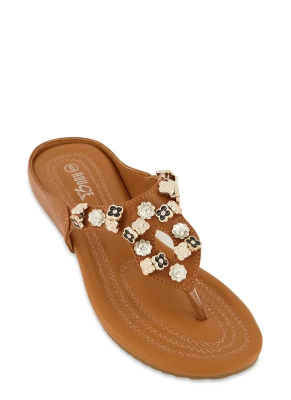 Rhinestone Beaded Flower Thong Sandals sold by Rainbow