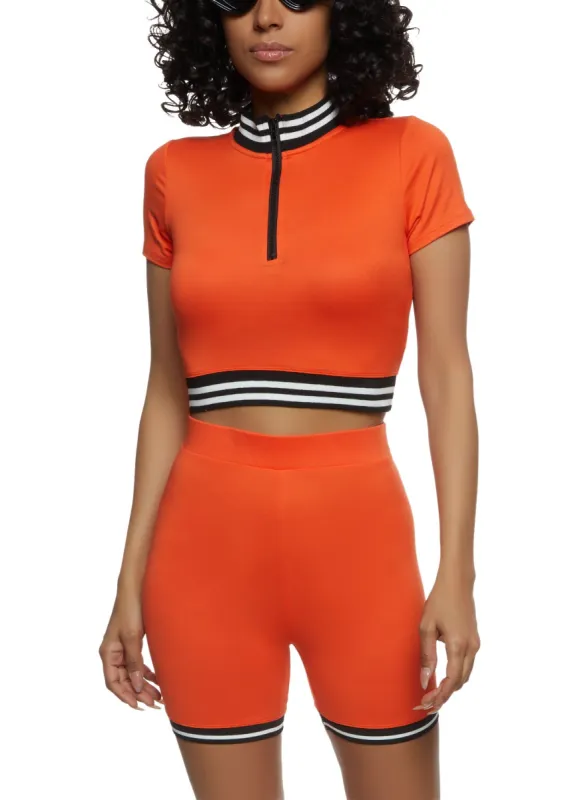 Striped Trim Half Zip Crop Top sold by Rainbow