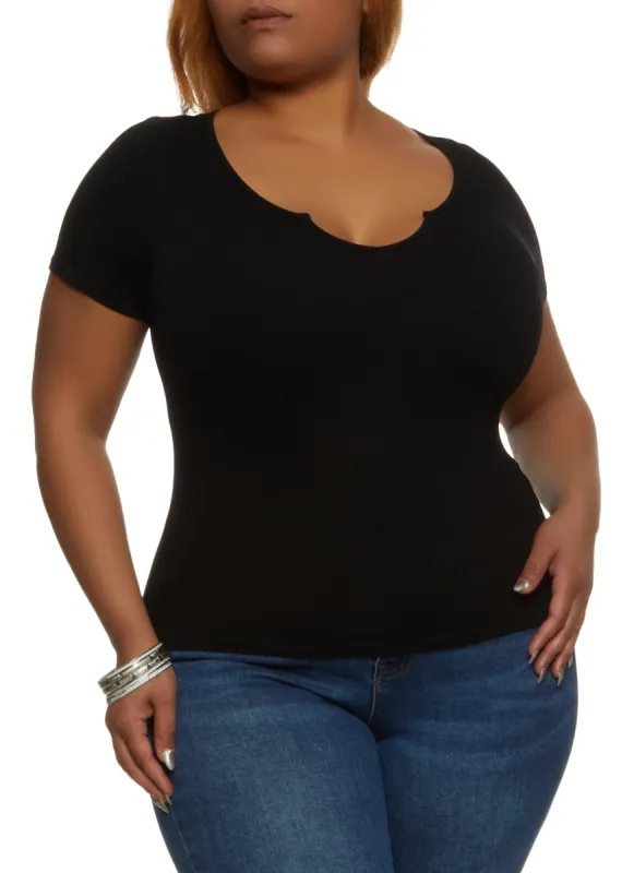 Plus Size Ribbed Knit Notch Neck Basic Tee sold by Rainbow