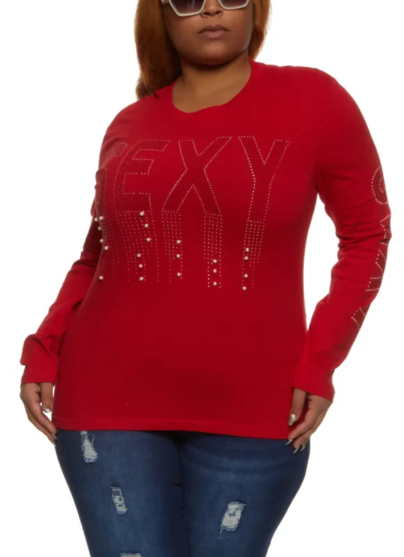 Plus Size Rhinestone Beaded Sexy Long Sleeve Graphic Tee sold by Rainbow