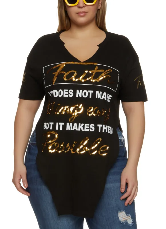 Plus Size Sequin Faith Hanky Hem Graphic Tee sold by Rainbow