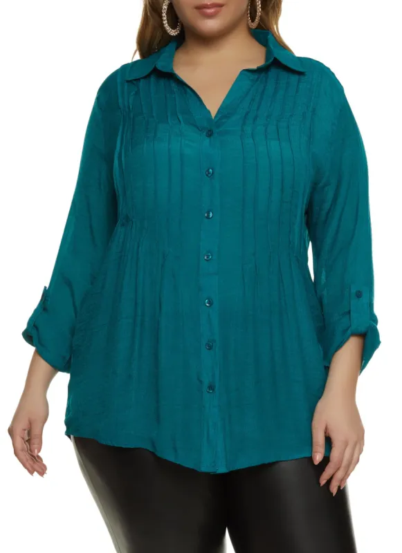 Plus Size Pintuck Button Down Gauze Shirt sold by Rainbow