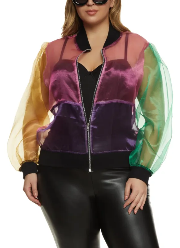 Plus Size Organza Color Block Zip Front Bomber sold by Rainbow