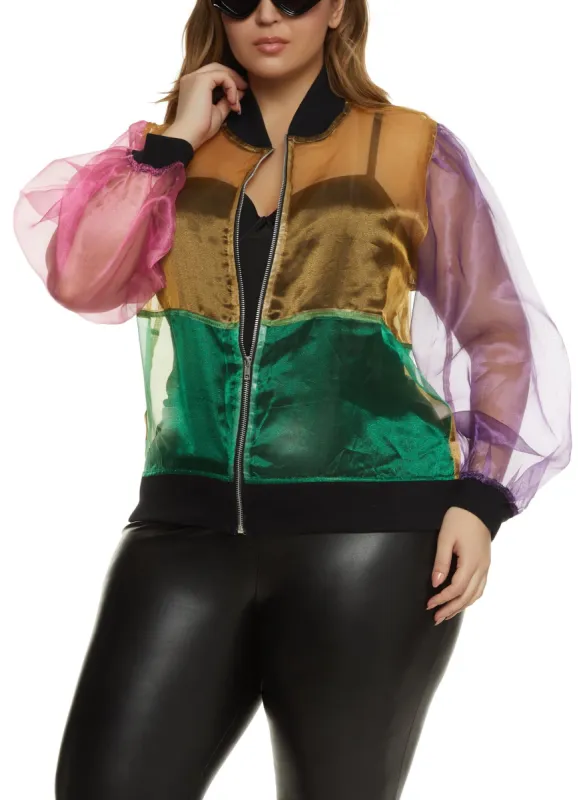 Plus Size Organza Color Block Zip Front Bomber sold by Rainbow