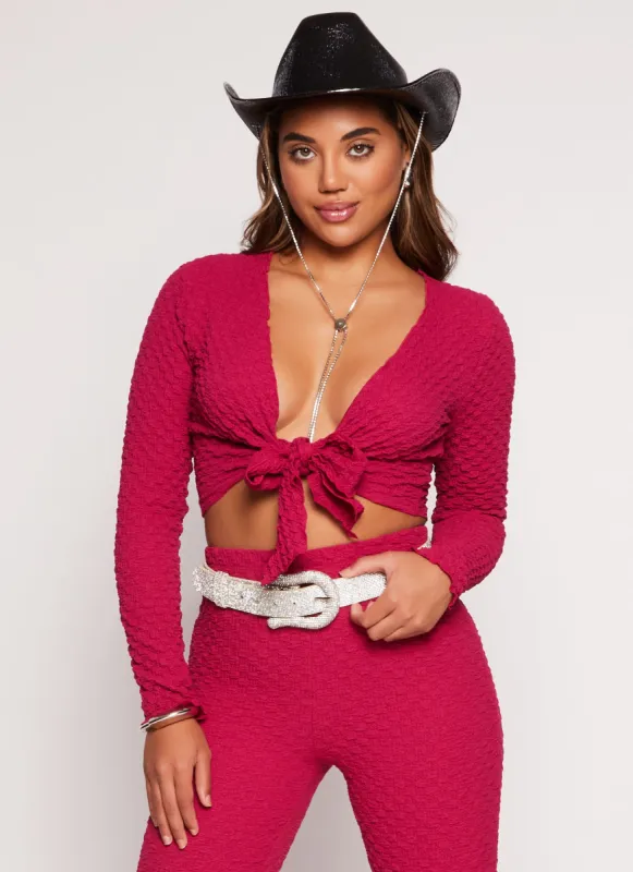 Textured Knit Long Sleeve Tie Front Crop Top sold by Rainbow