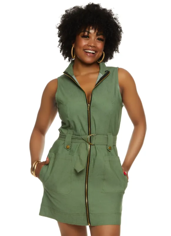 Plus Size Denim Zip Front Belted Utility Dress sold by Rainbow