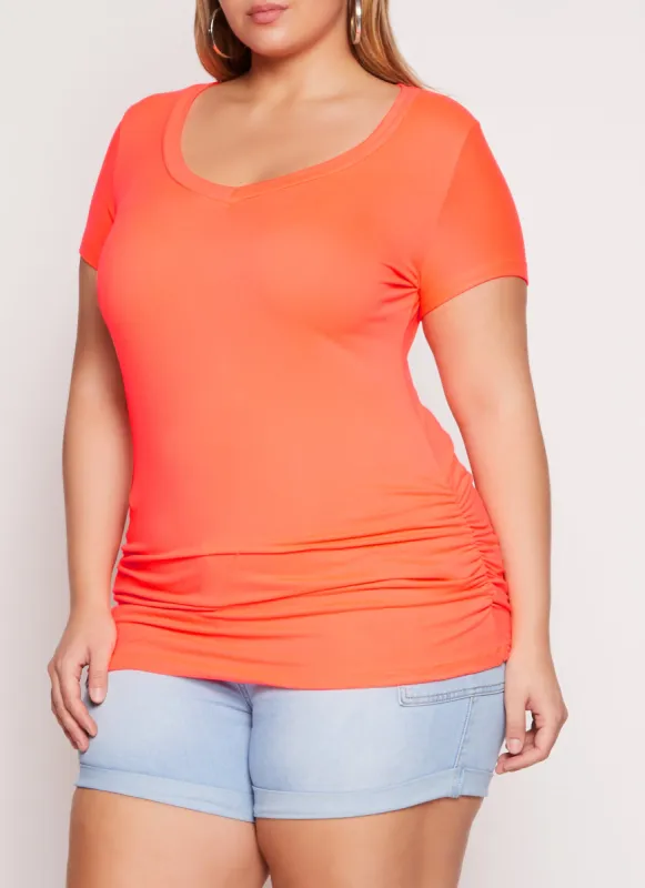 Plus Size Basic V Neck Ruched Side Tee sold by Rainbow