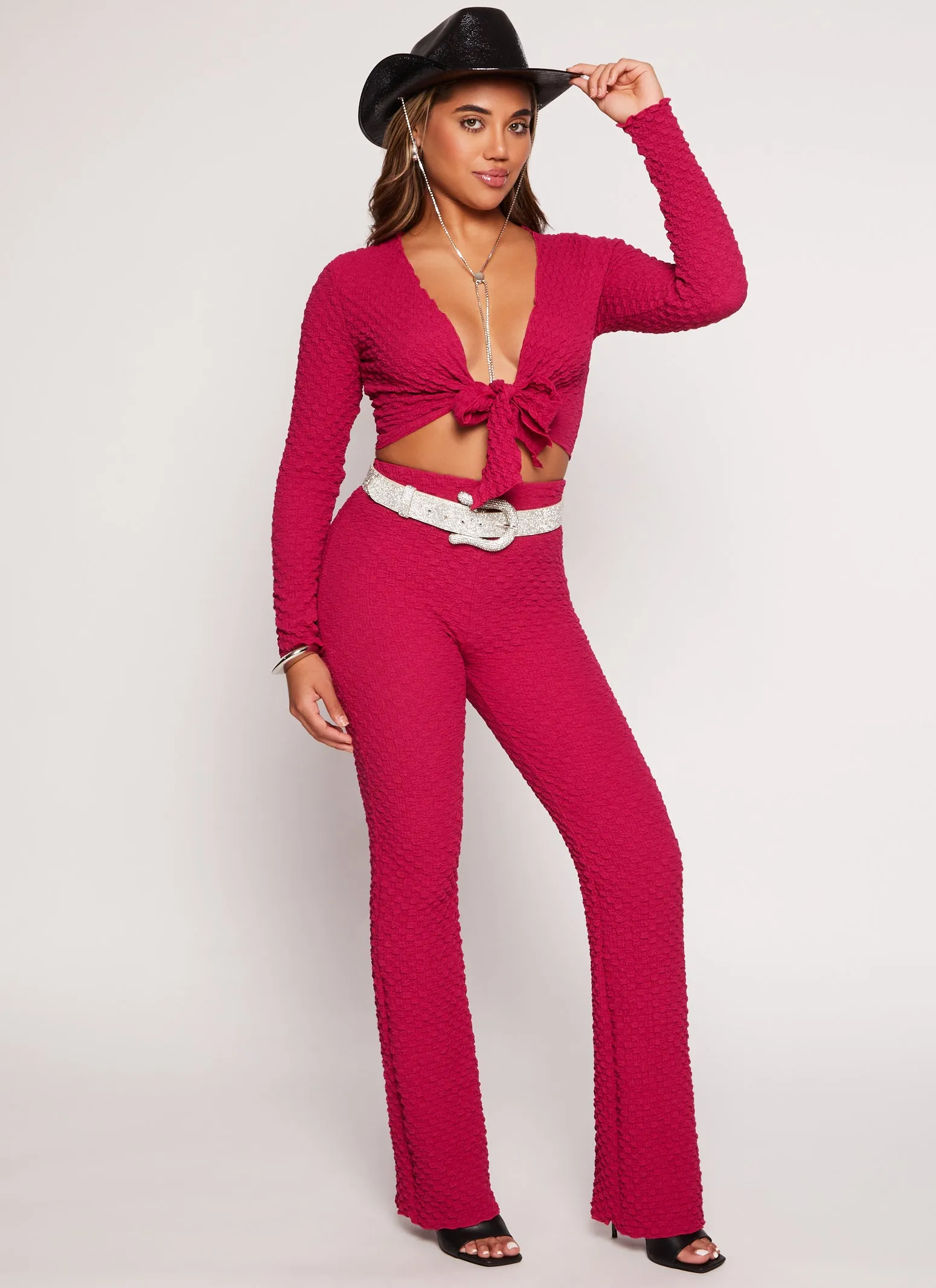 Textured Knit Long Sleeve Tie Front Crop Top sold by Rainbow product image thumbnail 2