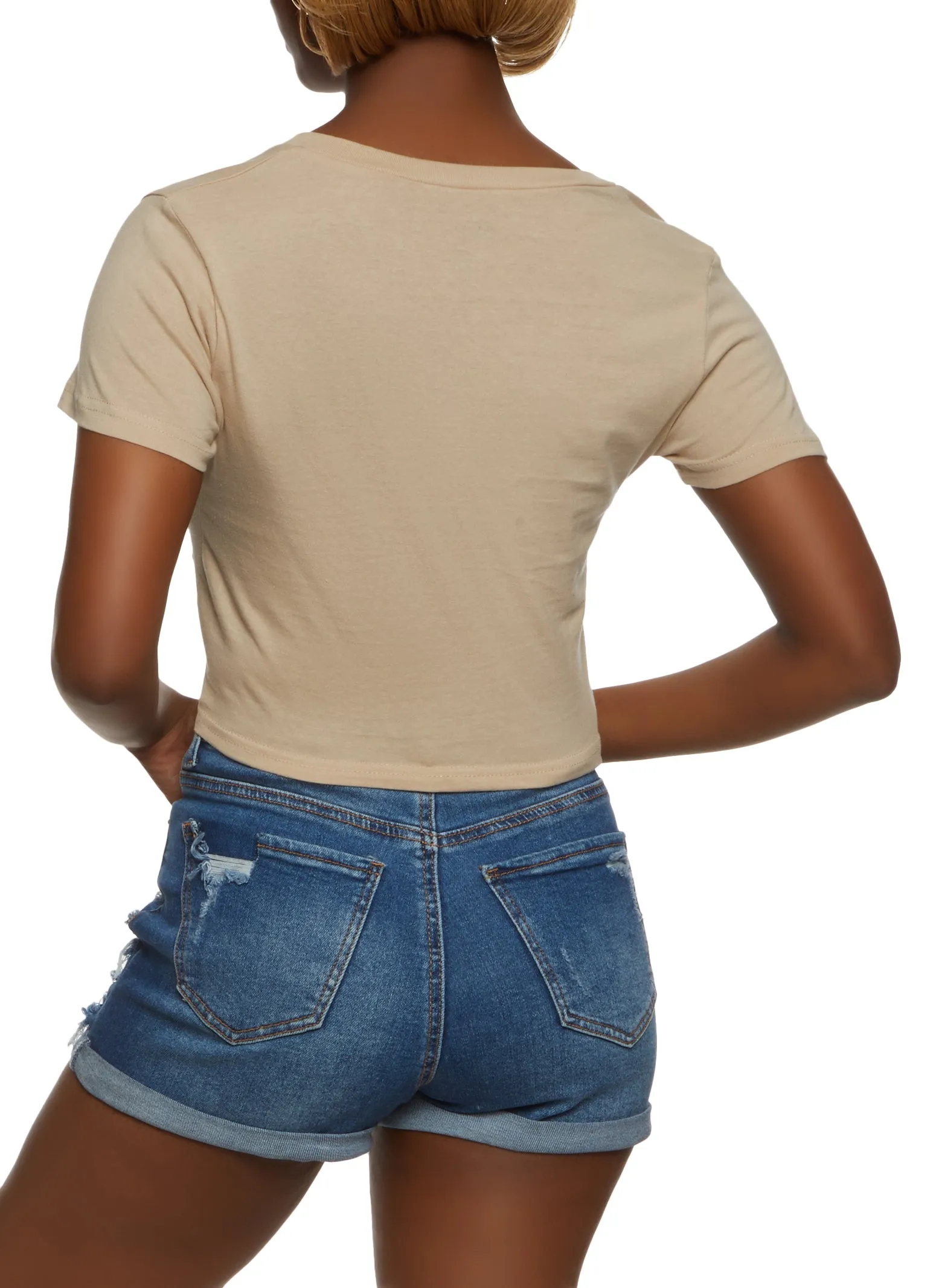 Laser Cut Knot Front V Neck Cropped Tee sold by Rainbow product image thumbnail 2