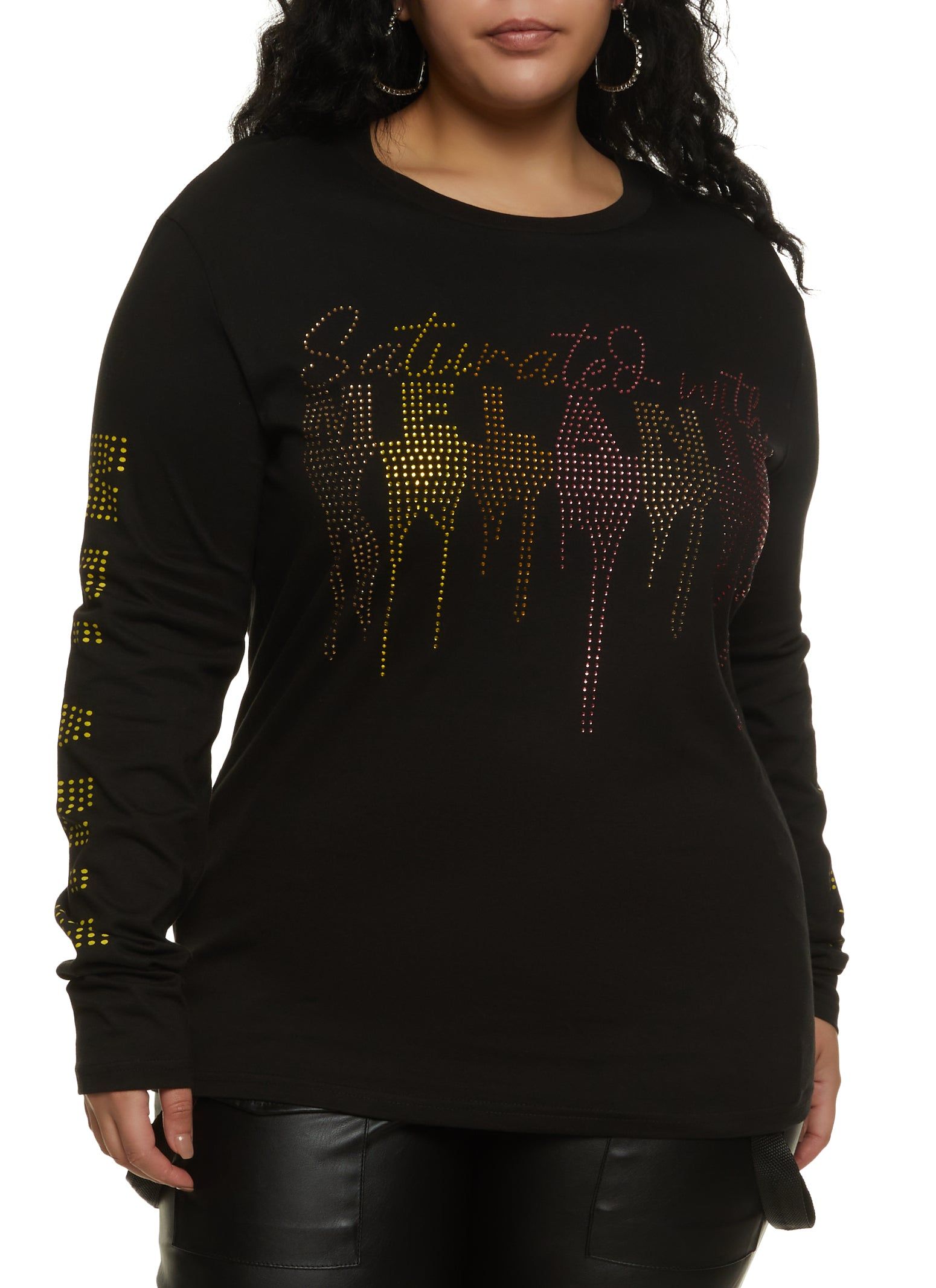 Plus Size Rhinestone Saturated With Melanin Long Sleeve Tee sold by Rainbow