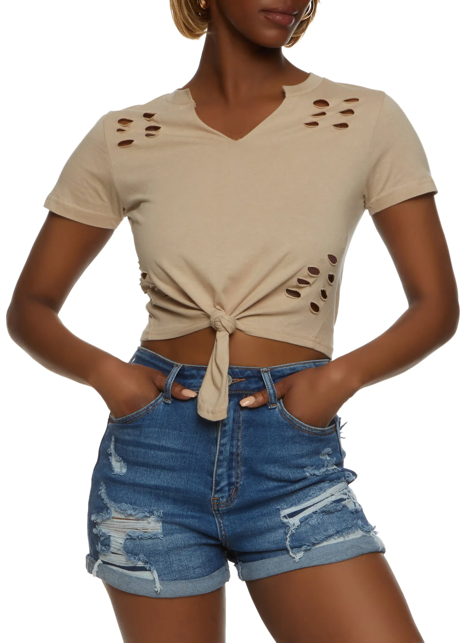 Laser Cut Knot Front V Neck Cropped Tee sold by Rainbow