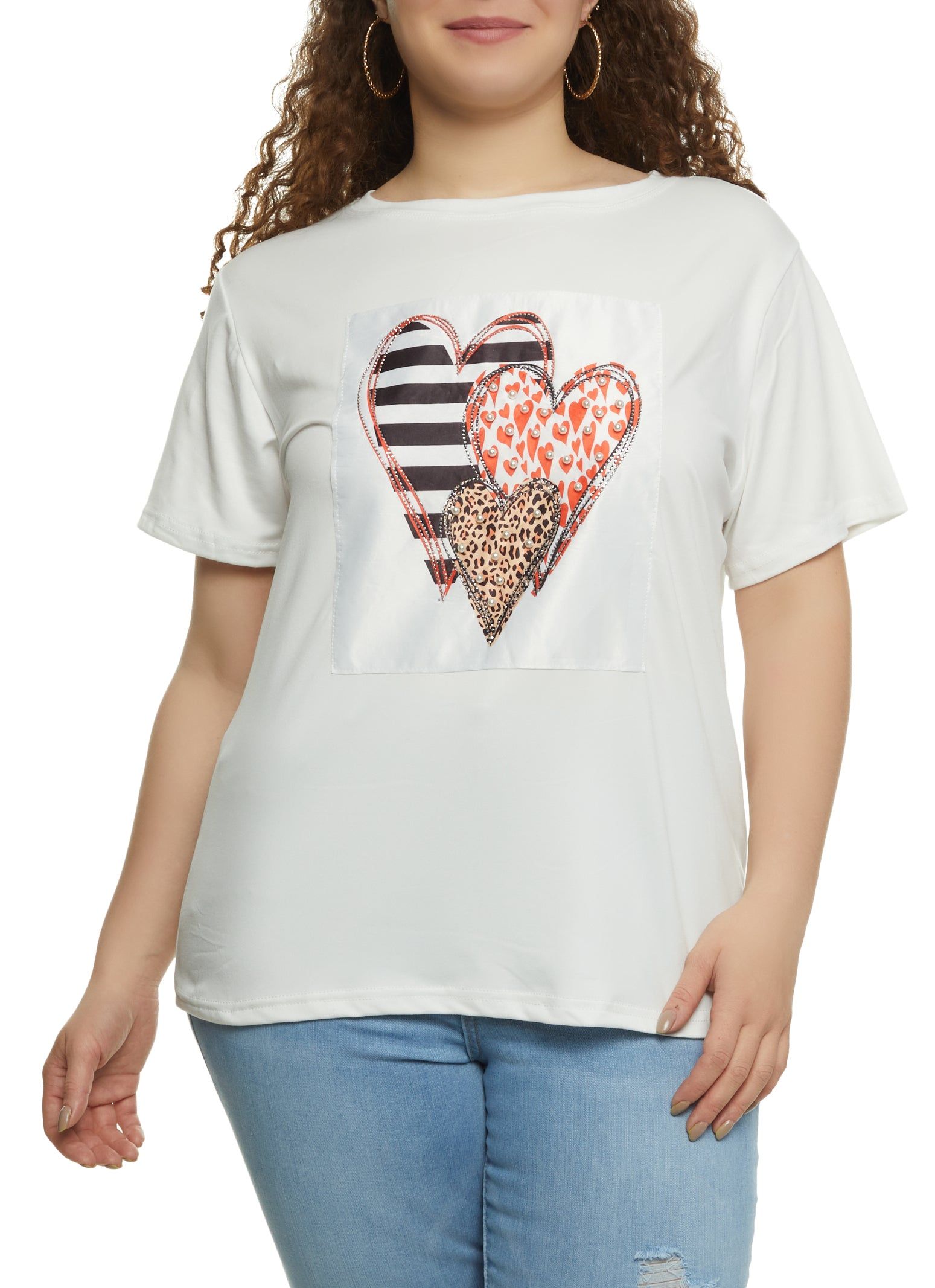 Plus Size Heart Graphic Studded Patch Tee sold by Rainbow