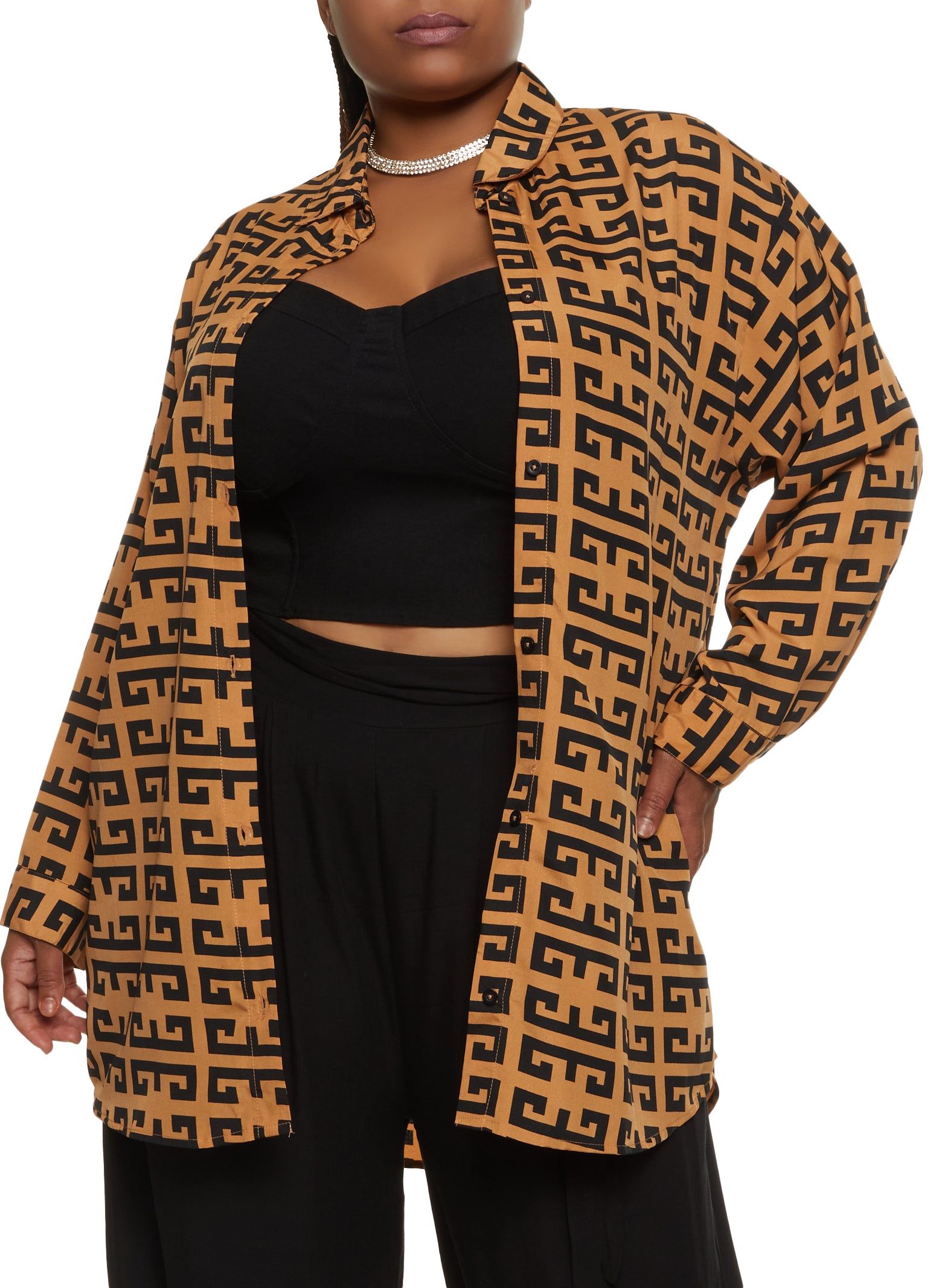 Plus Size Greek Key Print Button Front Tunic Shirt sold by Rainbow
