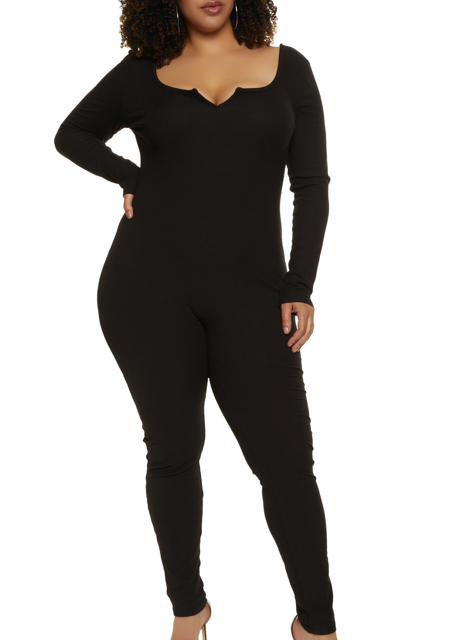 Plus Size Rib Knit Notch Neck Long Sleeve Catsuit sold by Rainbow