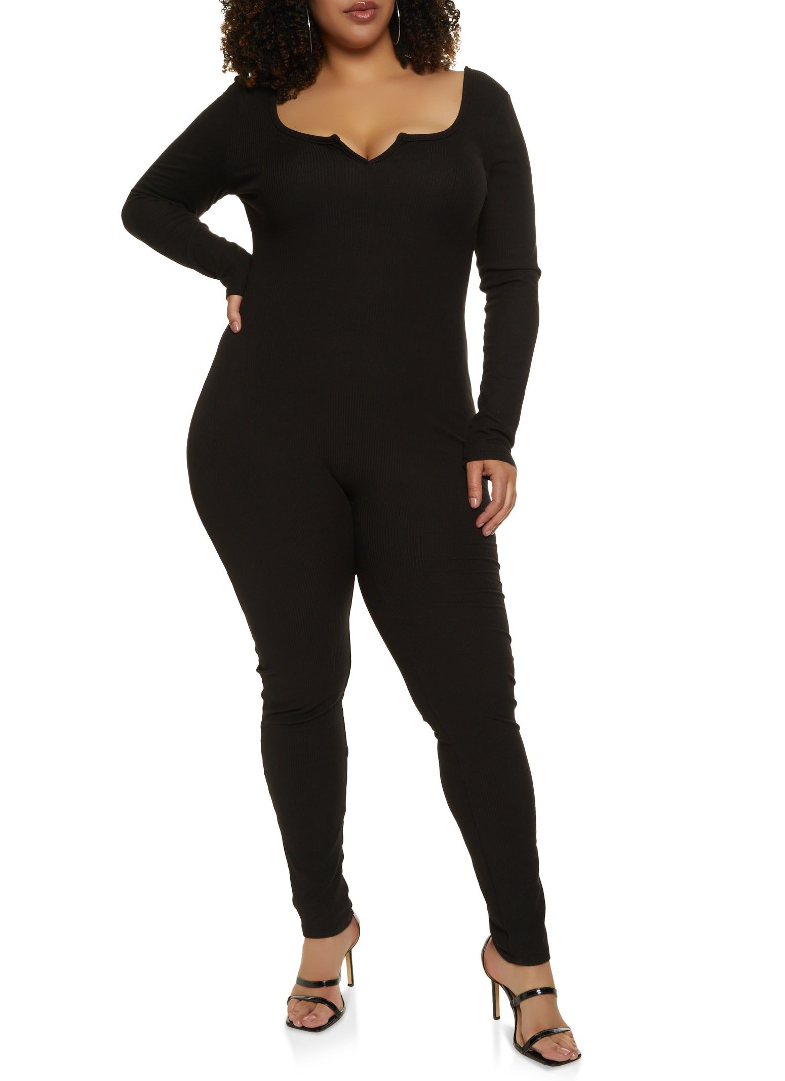 Plus Size Rib Knit Notch Neck Long Sleeve Catsuit sold by Rainbow product image thumbnail 2