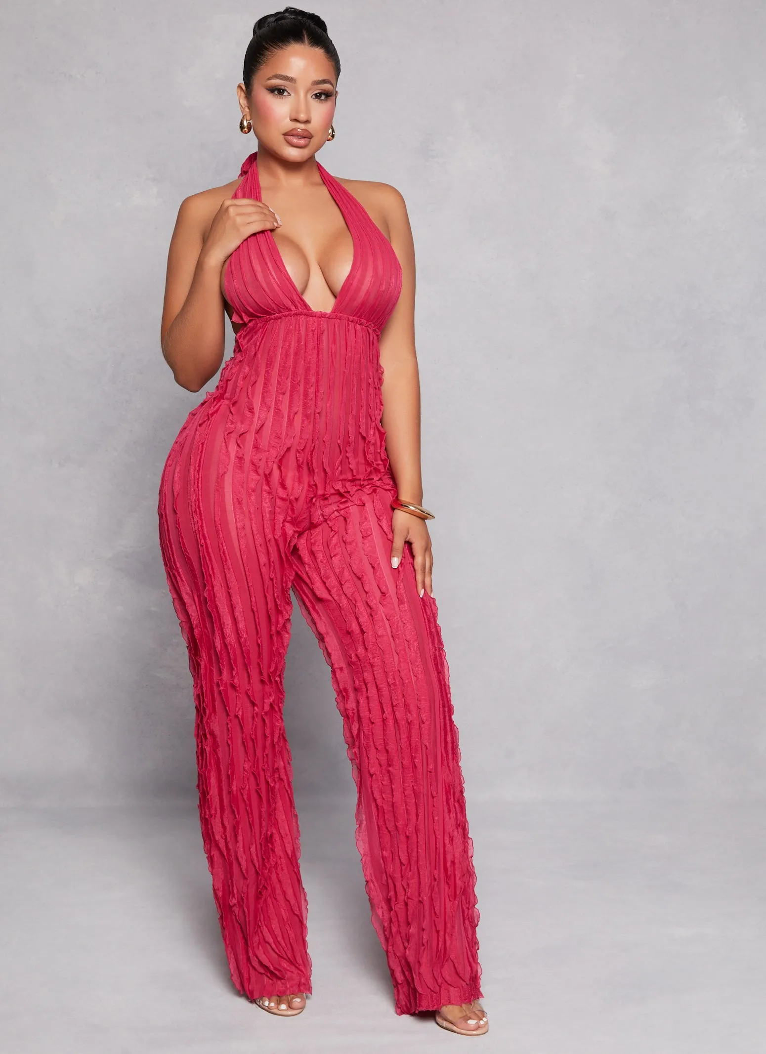 Ruffled Wide Leg Halter Jumpsuit sold by Rainbow